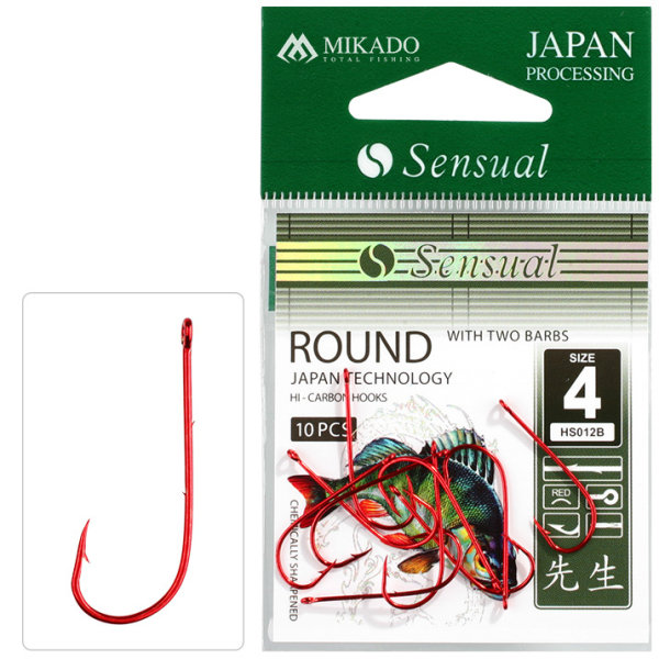 10 x MIKADO ROUND rote Angelhaken mit Öhr und 3 Widerhaken Wurmhaken