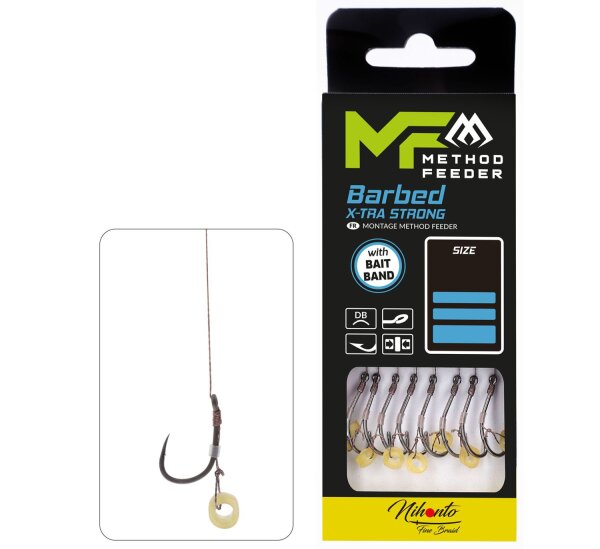 8x MIKADO METHOD FEEDER X-STRONG Haken Rig BARBED mit Bait Band -geflochtener Schnur