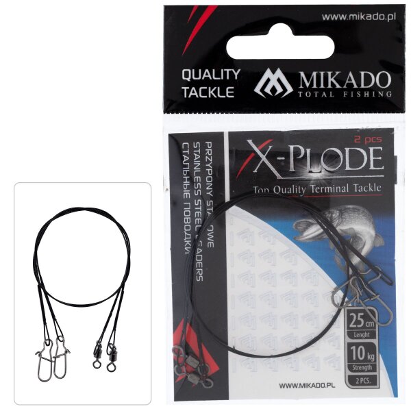 Mikado 2x schwarzes Stahlvorfach 25cm/10kg mit #7 Wirbel und Safety Snap Hechtvorfach